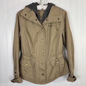 DKNY Womens Utility Layered Hooded Jacket Tan Khaki Sz S Gorpcore Field Military
